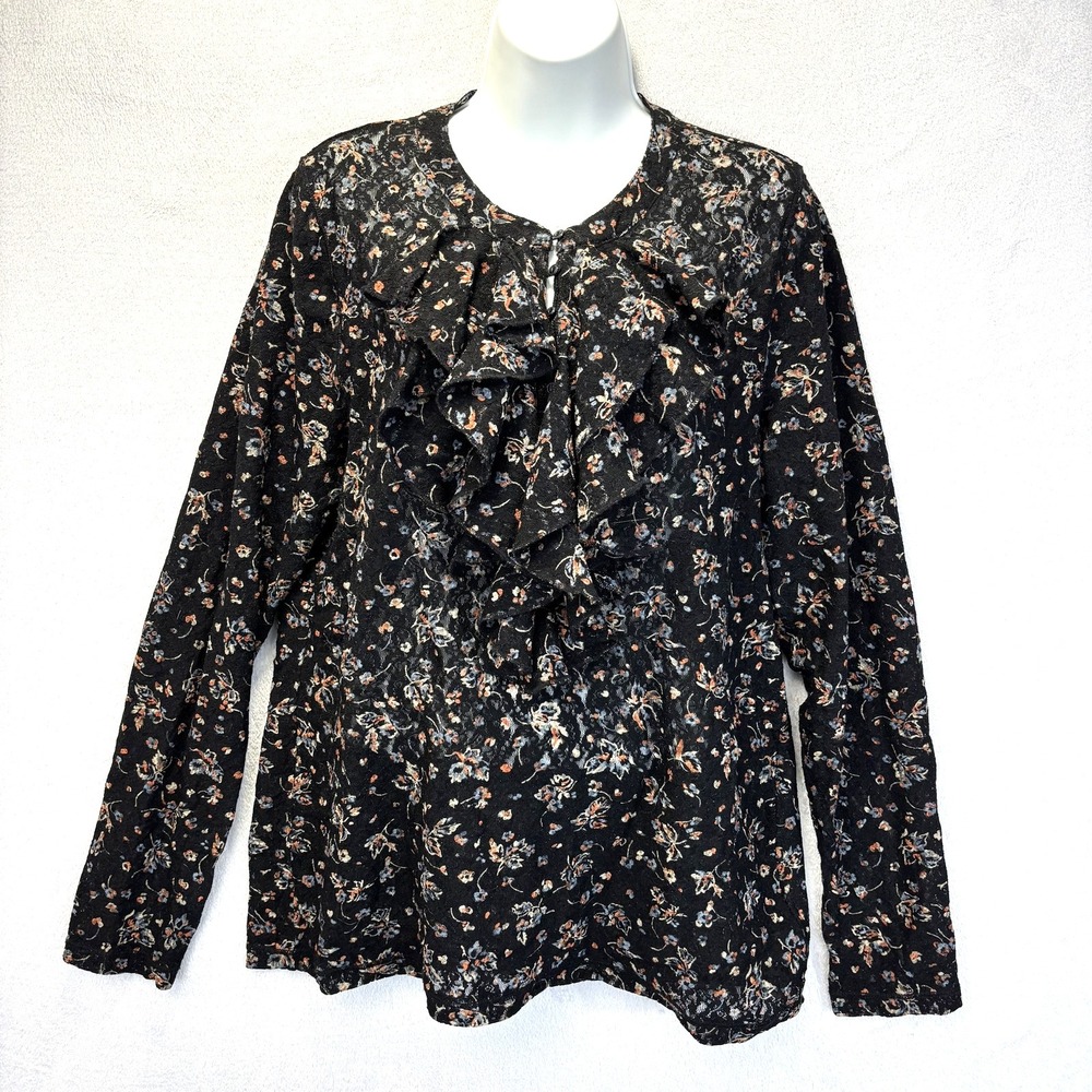 Vintage Y2K Lauren Jeans LRL Black Floral Mesh Blouse Womens XL Ruffle Top Boho